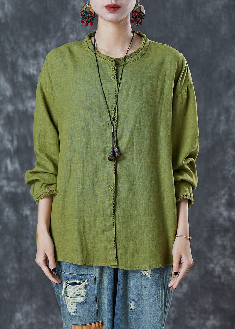 Grass Green Embroidered Linen Blouses Spring