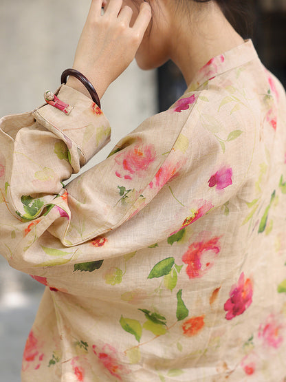 Flower Button-up Ramie Loose Shirt