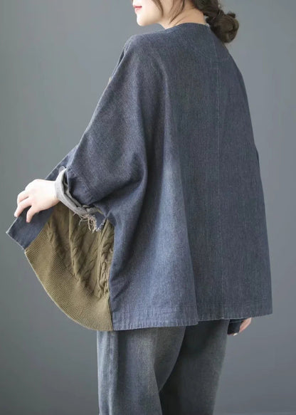 Blue V Neck Knit Patchwork Denim Coats Long Sleeve