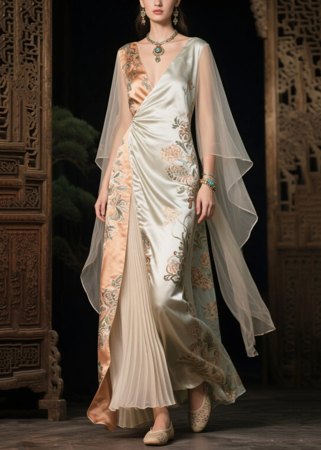 Asymmetrical Patchwork Tulle Evening Dress Cloak Sleeves