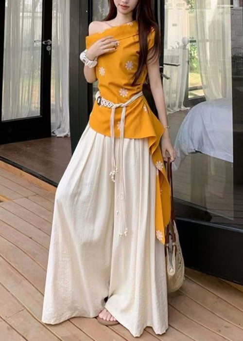 New Yellow Cold Shoulder Print Tops and Beige Wide Leg Pants Cotton Two Pieces Set Summer
