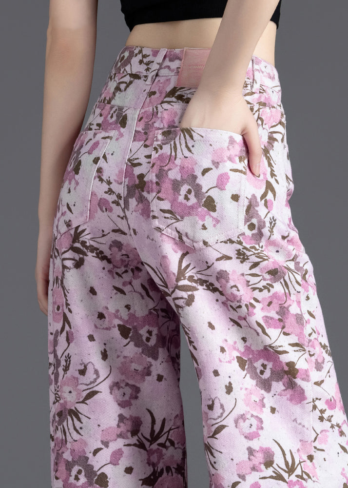 Pink Print Denim Straight Pants Spring