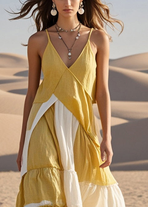 Yellow Asymmetrical Patchwork Cotton Spaghetti Strap Dress Summer