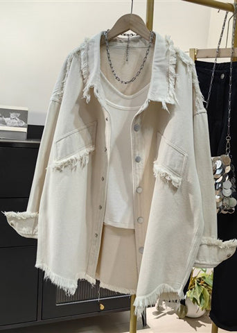 Pink Tasseled Oversized Denim Shirts Coat Fall