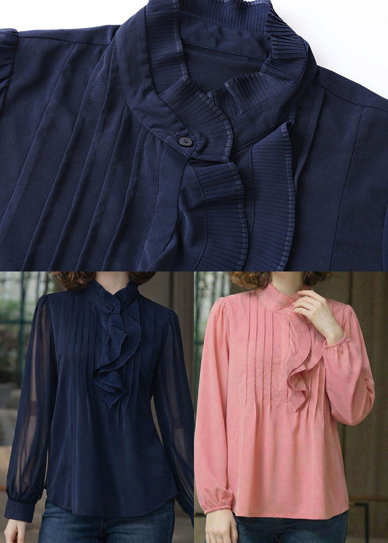 Stylish Navy Ruffled Wrinkled Chiffon Top Spring