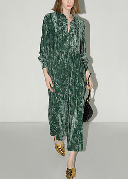 Chinese Style Green V Neck Print Silk Velvet Long Dress Lantern Sleeve