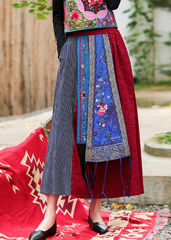 Red Embroidered a Line Skirt Summer