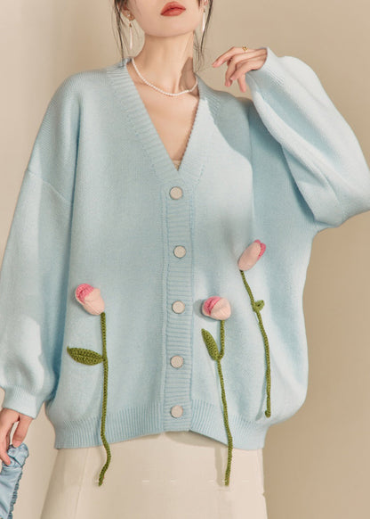 Loose Cozy Blue V Neck Knit Cardigan Fall