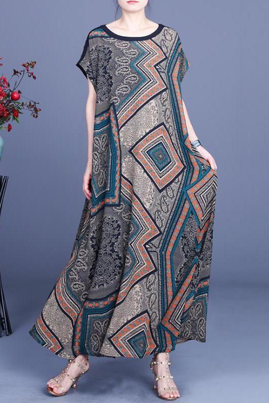 Geometric Print Pocket O Neck Maxi Dress