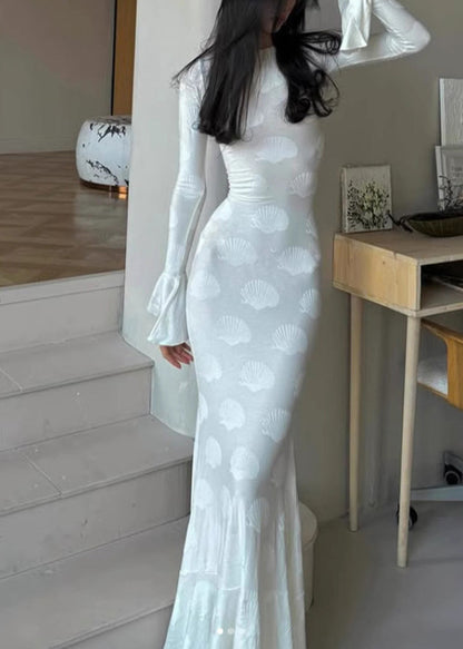 White O Neck Backless Lace Up Silk Dress Flare Sleeve