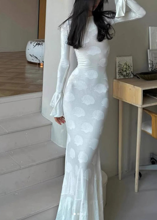 White O Neck Backless Lace Up Silk Dress Flare Sleeve