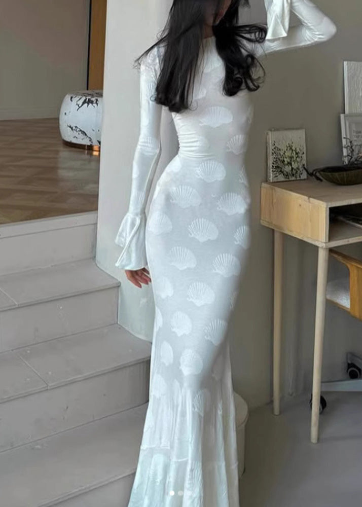 White O Neck Backless Lace Up Silk Dress Flare Sleeve