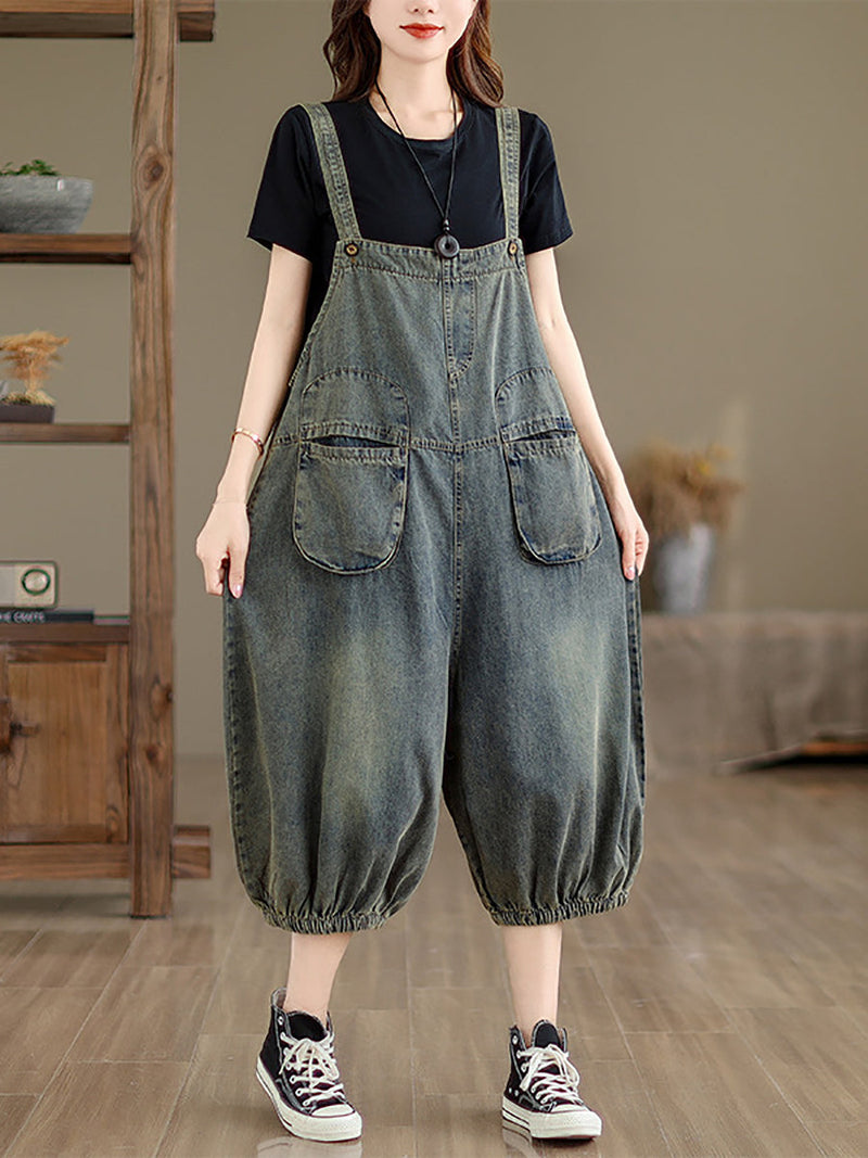Retro Summer Pocket Denim Jumpsuits