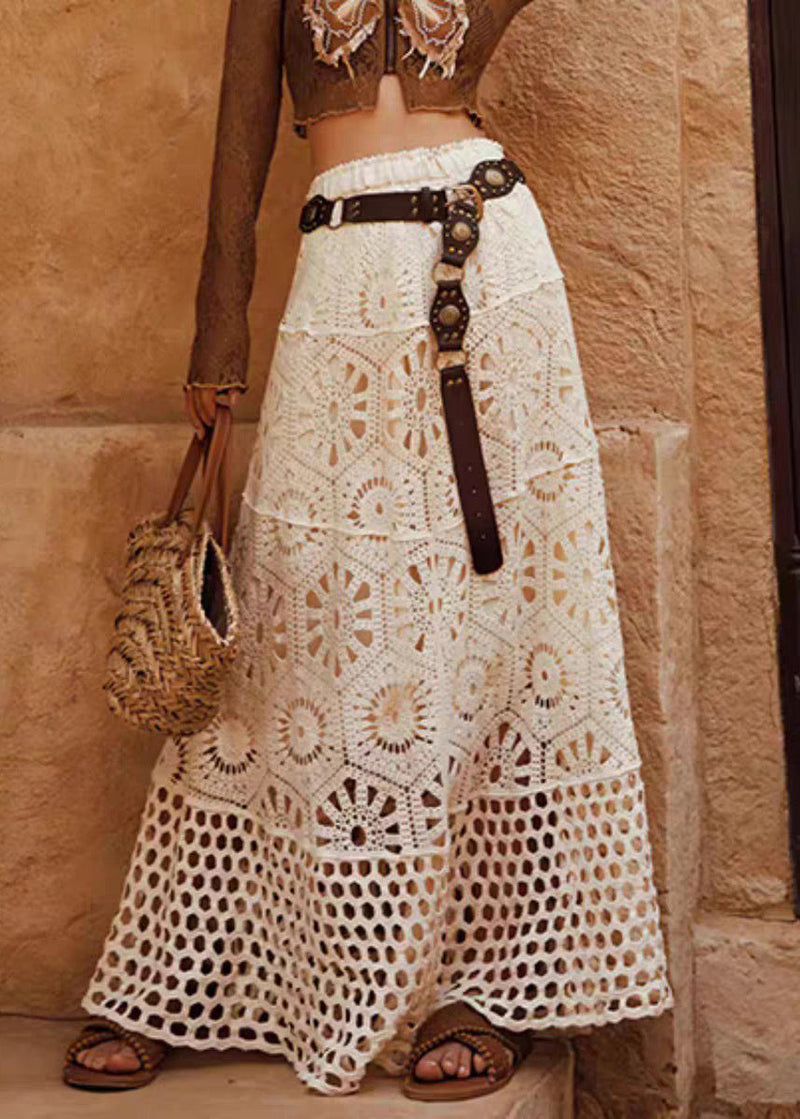 Apricot Hollow Out Lace Elastic Waist Cotton Skirts Summer