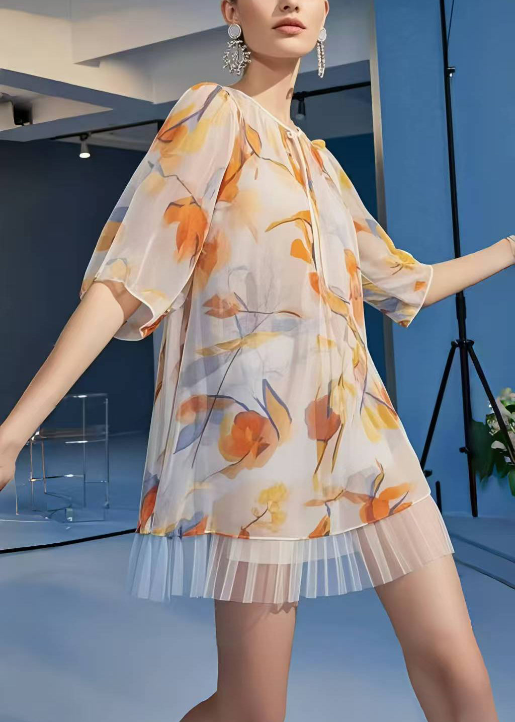 Apricot Print Patchwork Chiffon Mini Dress Summer