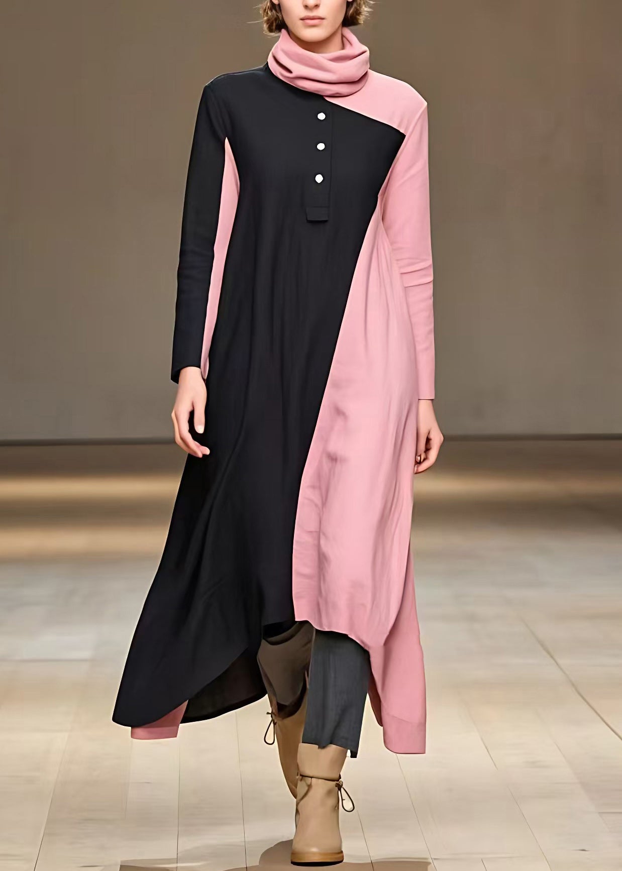 Colorblock Turtleneck Patchwork Button Long Dress Fall