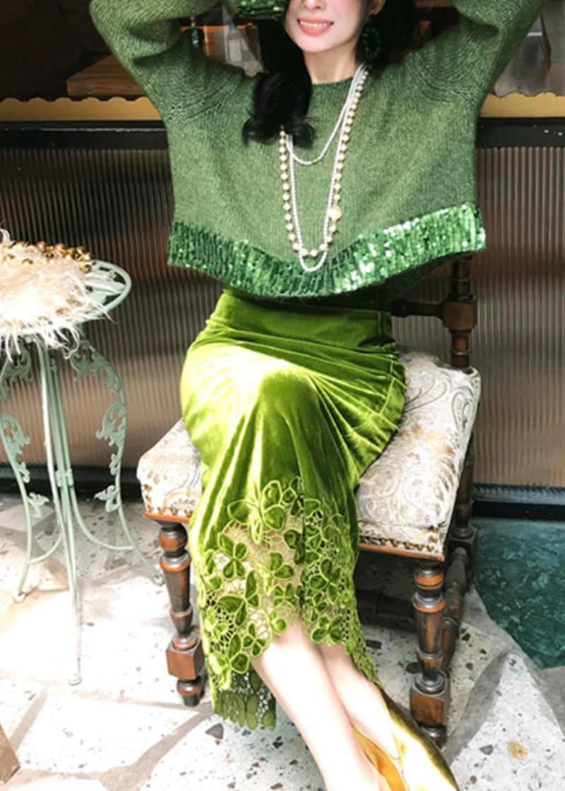 Fitted Green Knit Sweaters and Velour Skirts Two Piece Suit Set Fall
