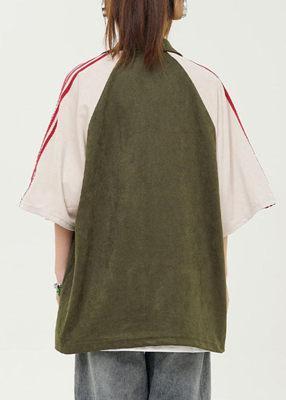 Green Peter Pan Collar Striped Patchwork Top Short Sleeve