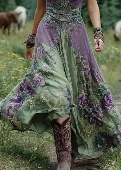 Green V Neck Print Patchwork Long Dresses Summer