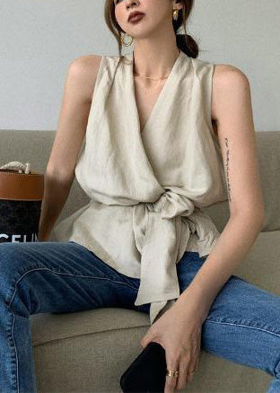 White Tie Waist Linen Vests Sleeveless