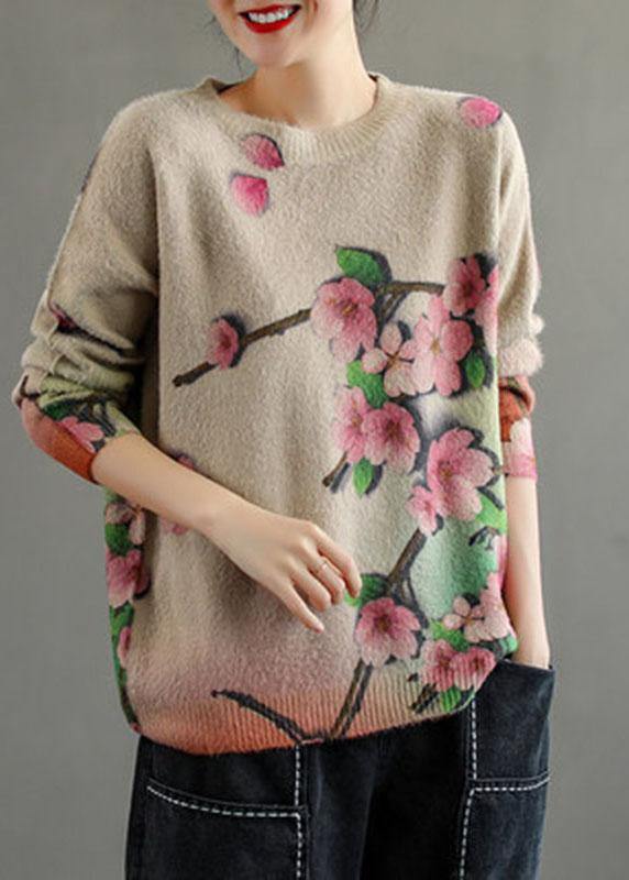 Khaki Retro Print Knitted Sweaters Top