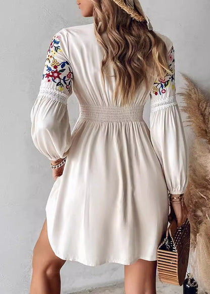 Style Apricot Embroidered Cotton Mid Dress Long Sleeve