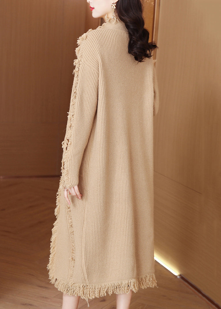 Khaki Pockets Knit Winter Loose Cardigans Tasseled