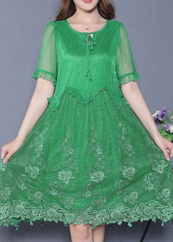 Green Embroidered Ruffled Silk Vacation Dresses Summer