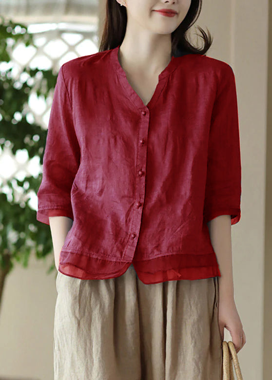 Blue V Neck Embroidered Ramie Shirt Half Sleeve