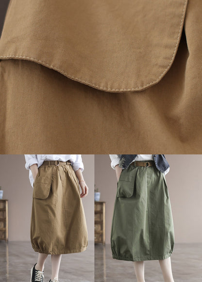 Green Patchwork Cotton Skirt High Waist Pockets Summer
