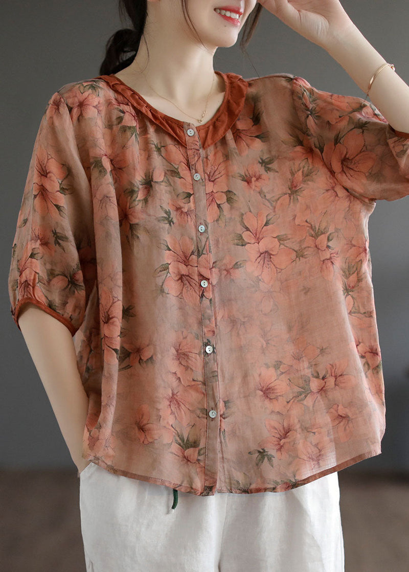 Orange Ruffled Print Patchwork Linen Shirt Top Summer