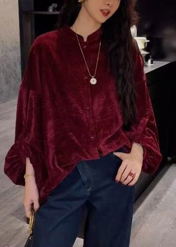Red Stand Collar Shirt Long Sleeve
