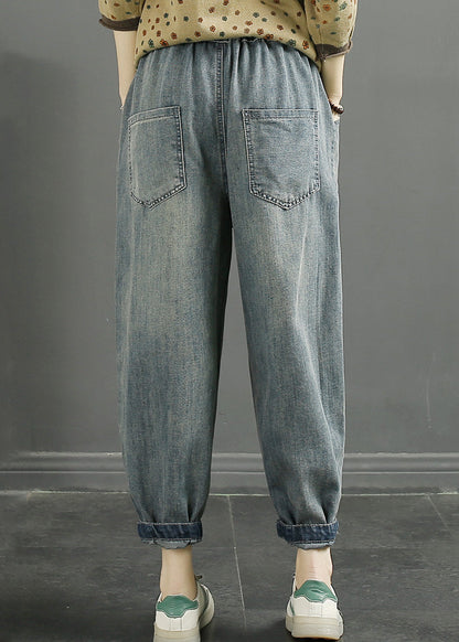 Loose Blue Pockets Elastic Waist Denim Crop Pants Fall