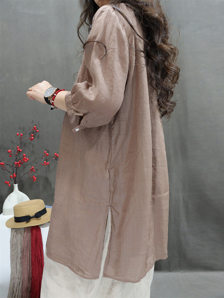 Summer Retro Embroidery O-neck Ramie Shirt