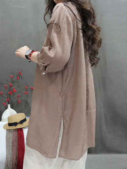 Summer Retro Embroidery O-neck Ramie Shirt