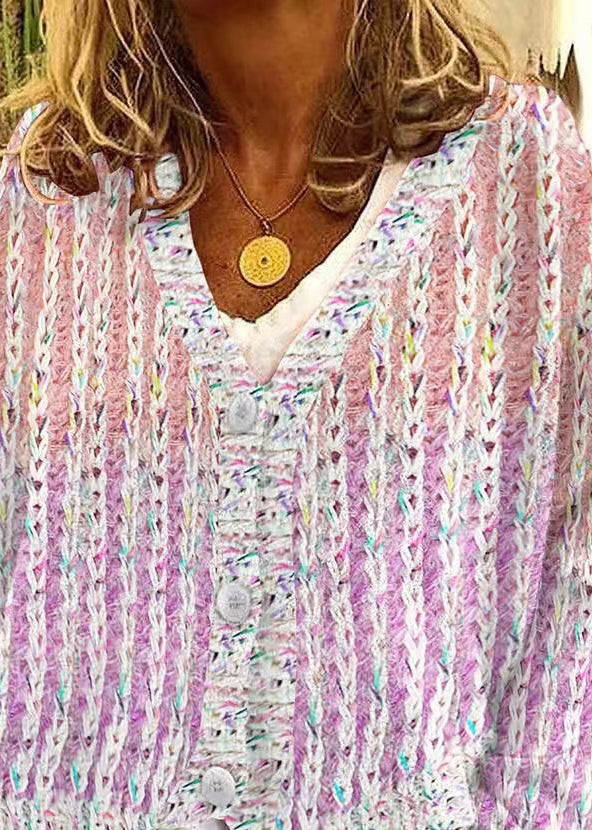 Pink V Neck Striped Cozy Knit Cardigan Spring