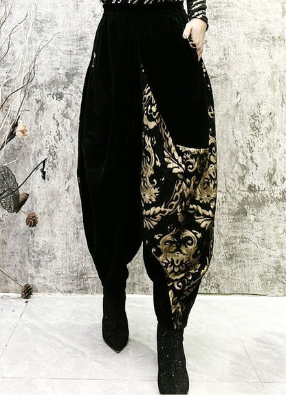 Black Embroidered Pockets Patchwork Corduroy Lantern Pants Spring