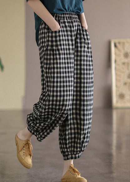 Black Plaid Pockets Linen High Waist Crop Pants Summer
