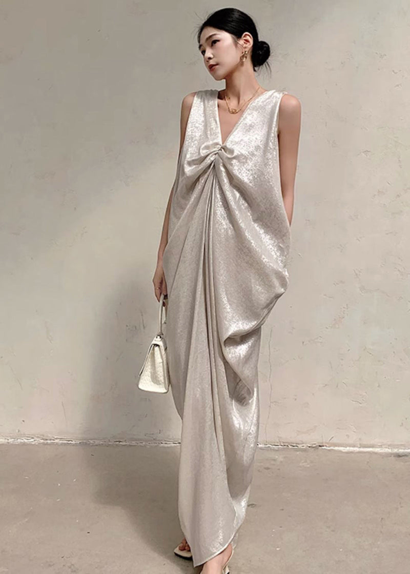 Silvery White V Neck Silk Maxi Dresses Sleeveless