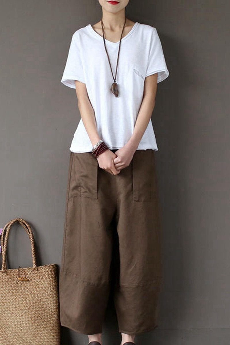 Coffee Loose Cotton Linen Ankle Length Pants Outfits