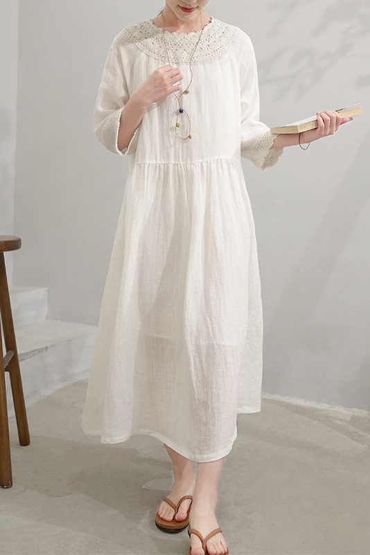 Summer Sand Washed Linen Lace Panel Dress