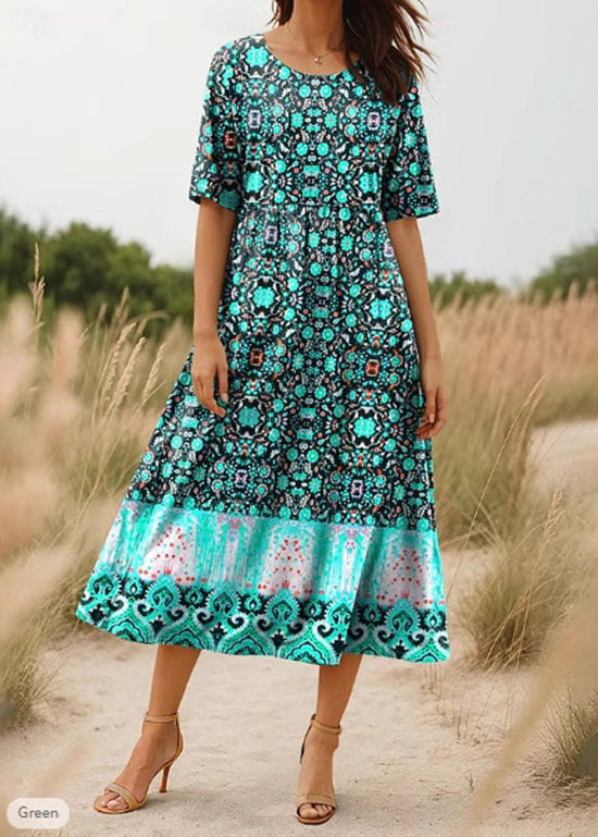 Red O Neck Print Cotton Long Dress Summer
