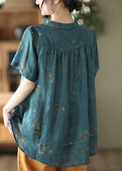 Navy Peter Pan Collar Wrinkled Linen Shirt Top Short Sleeve