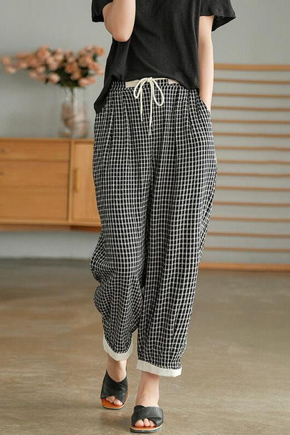 Cotton Linen Plaid Cinched Pocket Pants