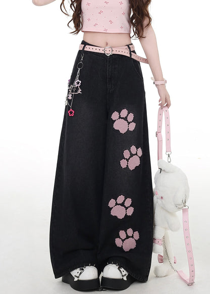 Modern Black Embroidered Pockets High Waist Denim Wide Leg Pants Fall