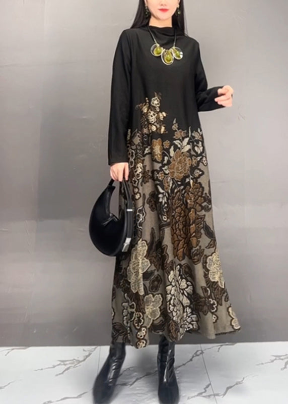 Brown Stand Collar Print Long Dresses Fall