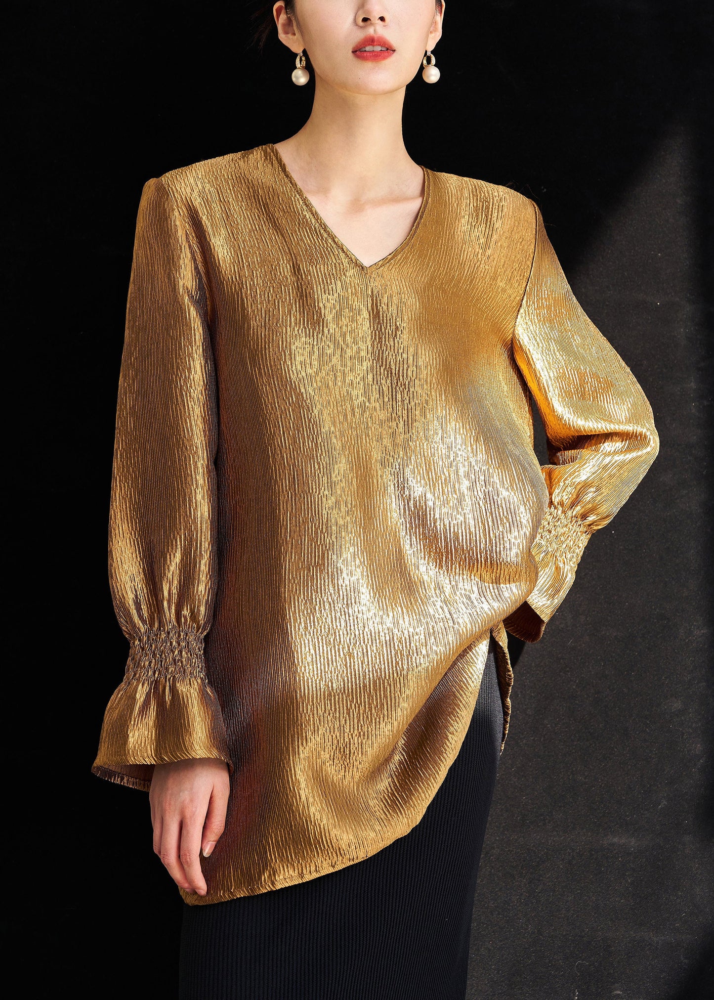 New Gold V Neck Side Open Silk Shirt Fall