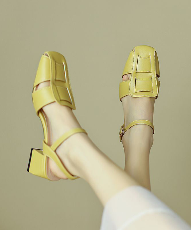 Splicing Chunky Heel Sandals Yellow Faux Leather