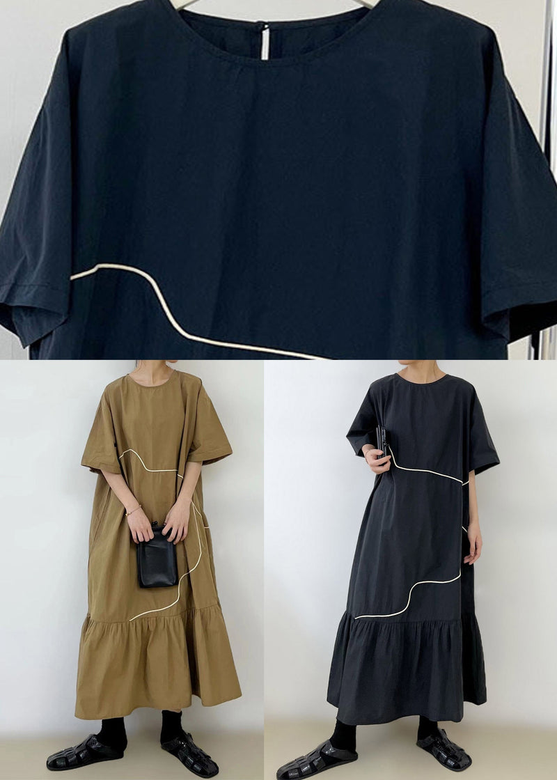 Black O-neck Wrinkled Long Dress Summer