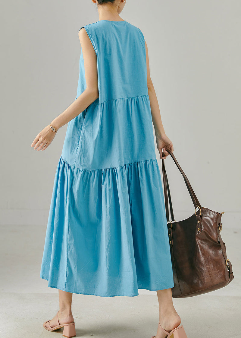 Sea Blue Lace Up Patchwork Cotton Dress Sleeveless